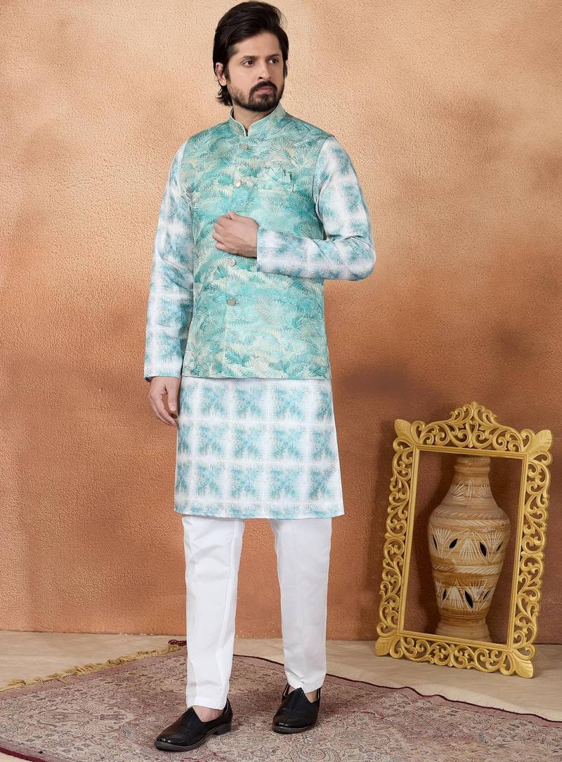 Green jacquard 3 peice  kurta jacket set for men