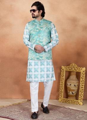 Green jacquard 3 peice  kurta jacket set for men 2