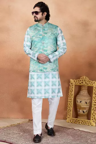 Green jacquard 3 peice  kurta jacket set for men