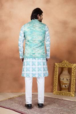 Green jacquard 3 peice  kurta jacket set for men 3