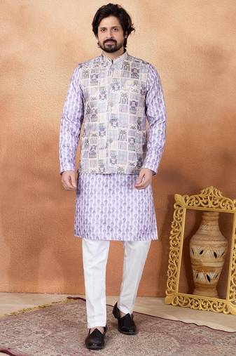 Purple jacquard 3 peice  kurta jacket set for men