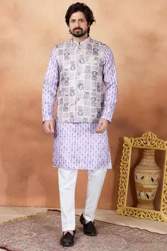 Purple jacquard 3 peice  kurta jacket set for men