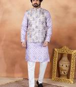 Purple jacquard 3 peice  kurta jacket set for men