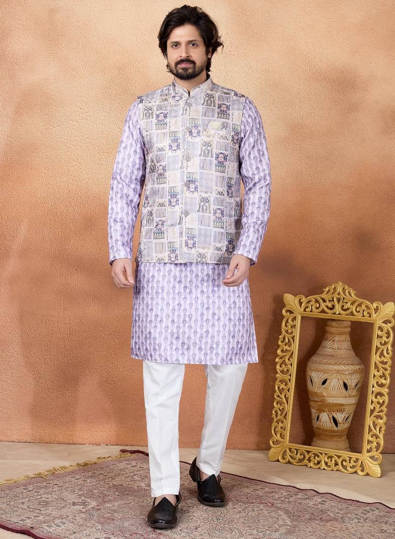Purple jacquard 3 peice  kurta jacket set for men