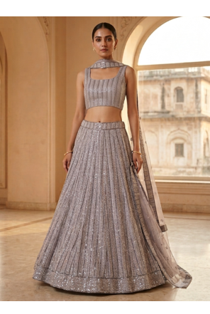 grey embroidery georgette designer lehenga choli with dupatta 1