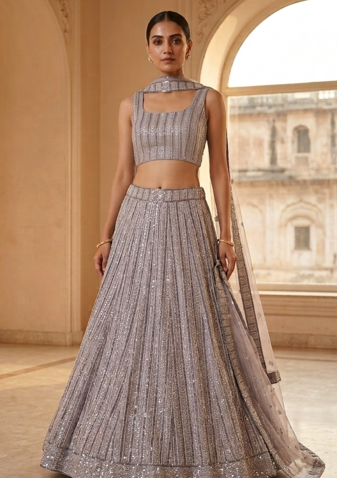 grey embroidery georgette designer lehenga choli with dupatta
