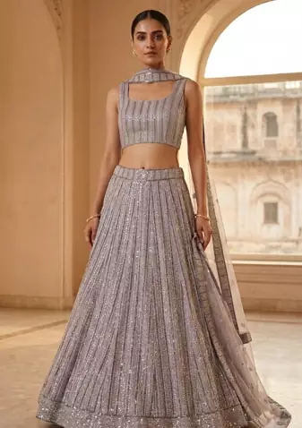 grey embroidery georgette designer lehenga choli with dupatta