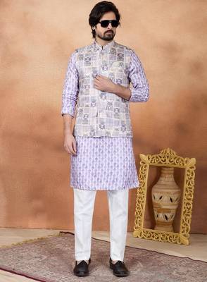 Purple jacquard 3 peice  kurta jacket set for men 2