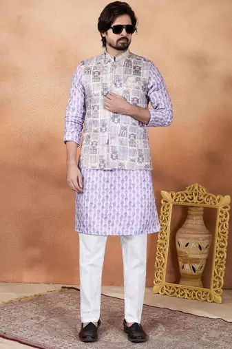 Purple jacquard 3 peice  kurta jacket set for men