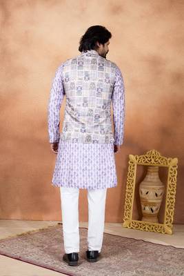 Purple jacquard 3 peice  kurta jacket set for men 3