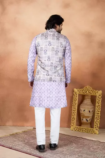 Purple jacquard 3 peice  kurta jacket set for men