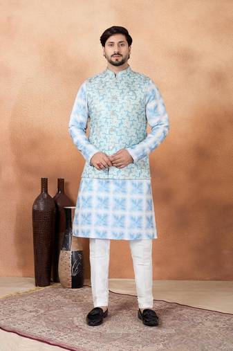 Blue jacquard 3 peice  kurta jacket set for men