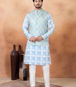 Blue jacquard 3 peice  kurta jacket set for men
