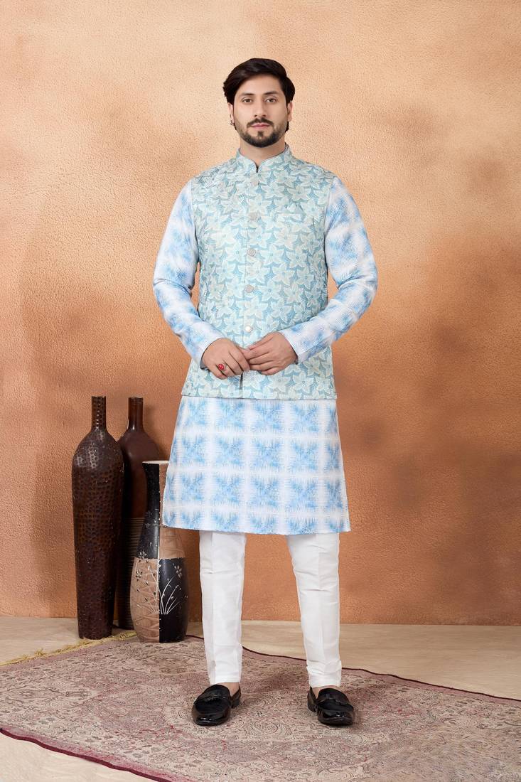 Blue jacquard 3 peice  kurta jacket set for men