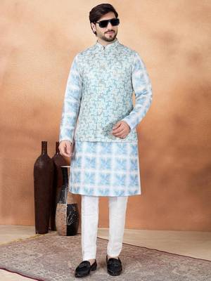 Blue jacquard 3 peice  kurta jacket set for men 2