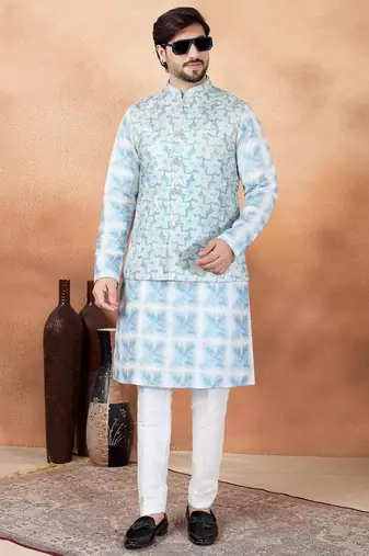 Blue jacquard 3 peice  kurta jacket set for men
