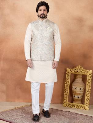 Beige jacquard 3 peice  kurta jacket set for men 1