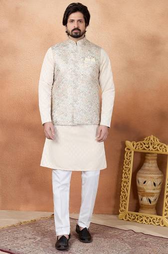 Beige jacquard 3 peice  kurta jacket set for men