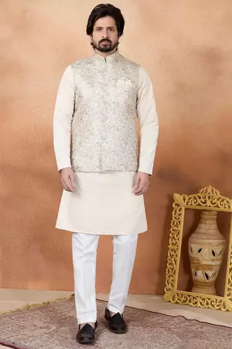 Beige jacquard 3 peice  kurta jacket set for men