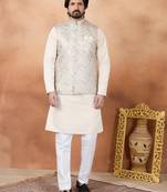 Beige jacquard 3 peice  kurta jacket set for men