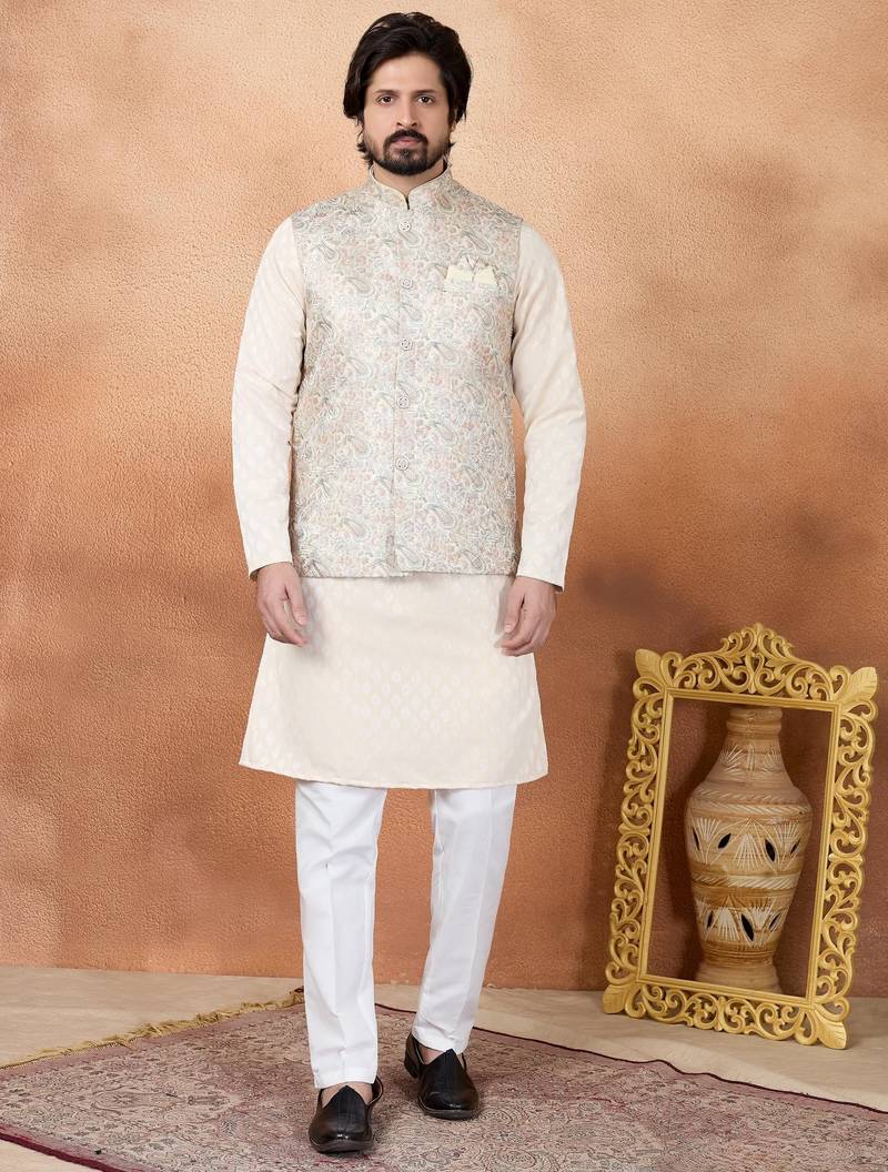 Beige jacquard 3 peice  kurta jacket set for men