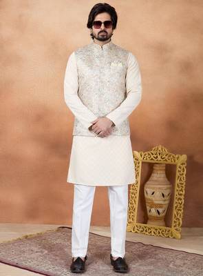 Beige jacquard 3 peice  kurta jacket set for men 2