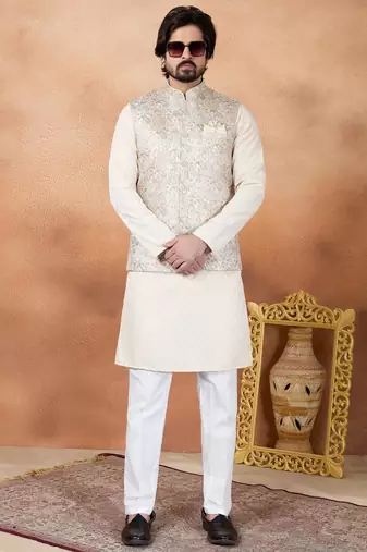 Beige jacquard 3 peice  kurta jacket set for men