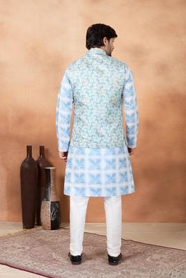 Blue jacquard 3 peice  kurta jacket set for men 3