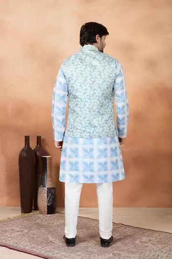 Blue jacquard 3 peice  kurta jacket set for men