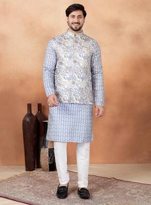 Grey jacquard 3 peice  kurta jacket set for men 1
