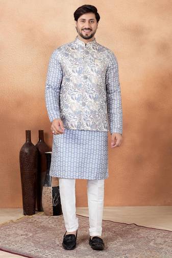 Grey jacquard 3 peice  kurta jacket set for men