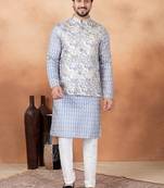 Grey jacquard 3 peice  kurta jacket set for men