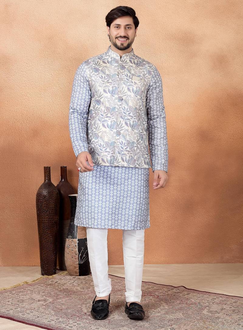 Grey jacquard 3 peice  kurta jacket set for men