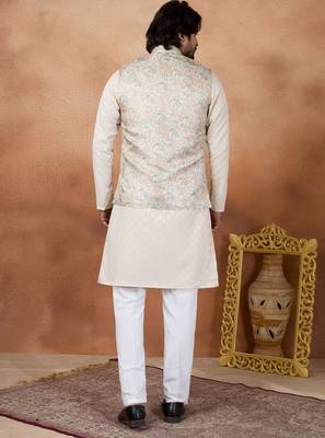 Beige jacquard 3 peice  kurta jacket set for men 3
