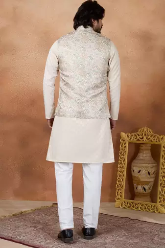 Beige jacquard 3 peice  kurta jacket set for men