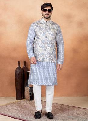 Grey jacquard 3 peice  kurta jacket set for men 2
