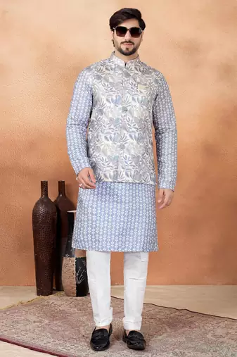 Grey jacquard 3 peice  kurta jacket set for men
