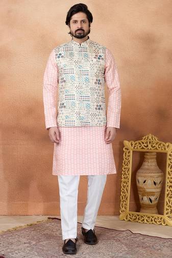 Beige jacquard 3 peice  kurta jacket set for men