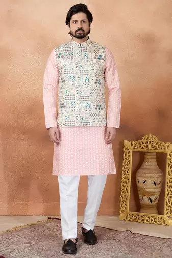 Beige jacquard 3 peice  kurta jacket set for men