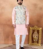 Beige jacquard 3 peice  kurta jacket set for men