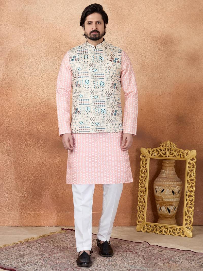 Beige jacquard 3 peice  kurta jacket set for men