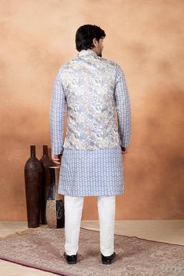 Grey jacquard 3 peice  kurta jacket set for men 3