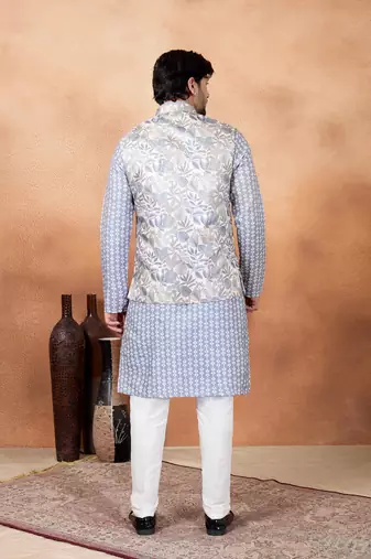 Grey jacquard 3 peice  kurta jacket set for men