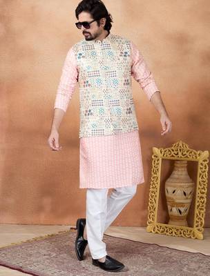 Beige jacquard 3 peice  kurta jacket set for men 2