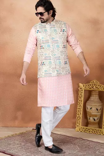 Beige jacquard 3 peice  kurta jacket set for men