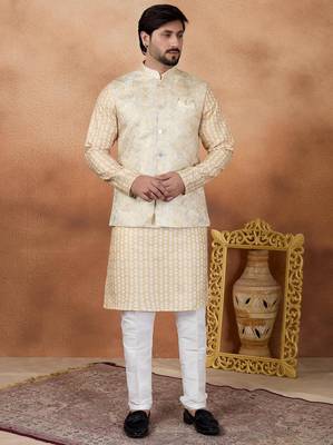 Gold jacquard 3 peice  kurta jacket set for men 1