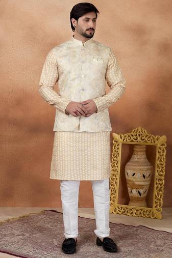 Gold jacquard 3 peice  kurta jacket set for men