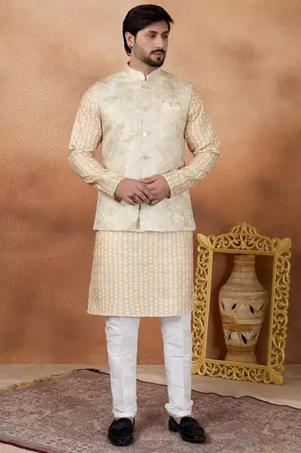 Gold jacquard 3 peice  kurta jacket set for men