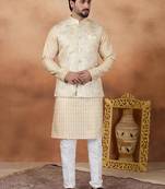 Gold jacquard 3 peice  kurta jacket set for men