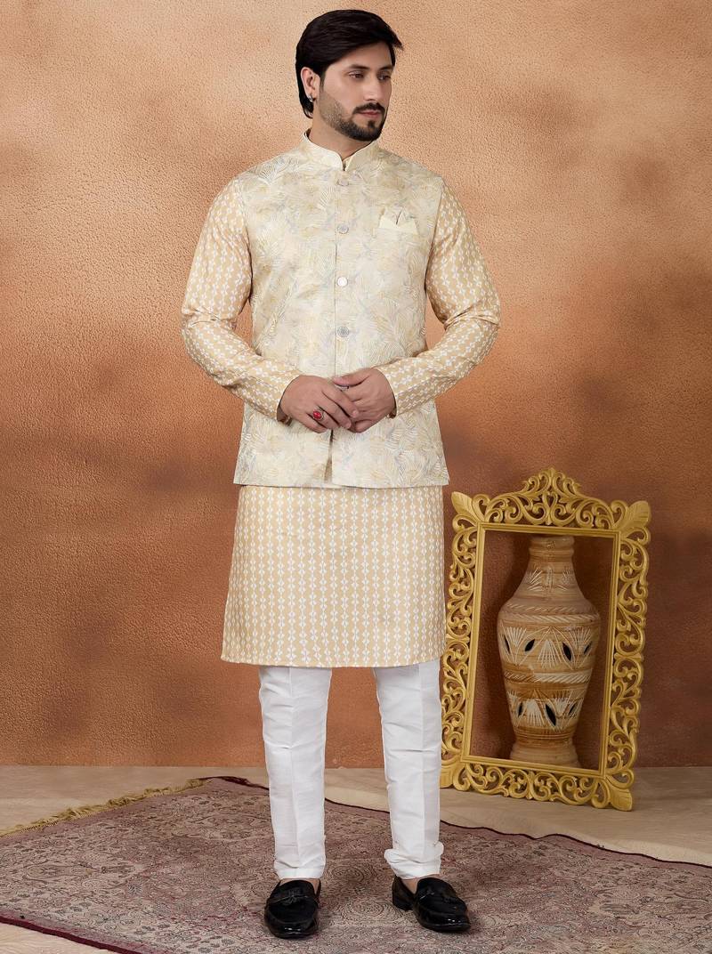 Gold jacquard 3 peice  kurta jacket set for men